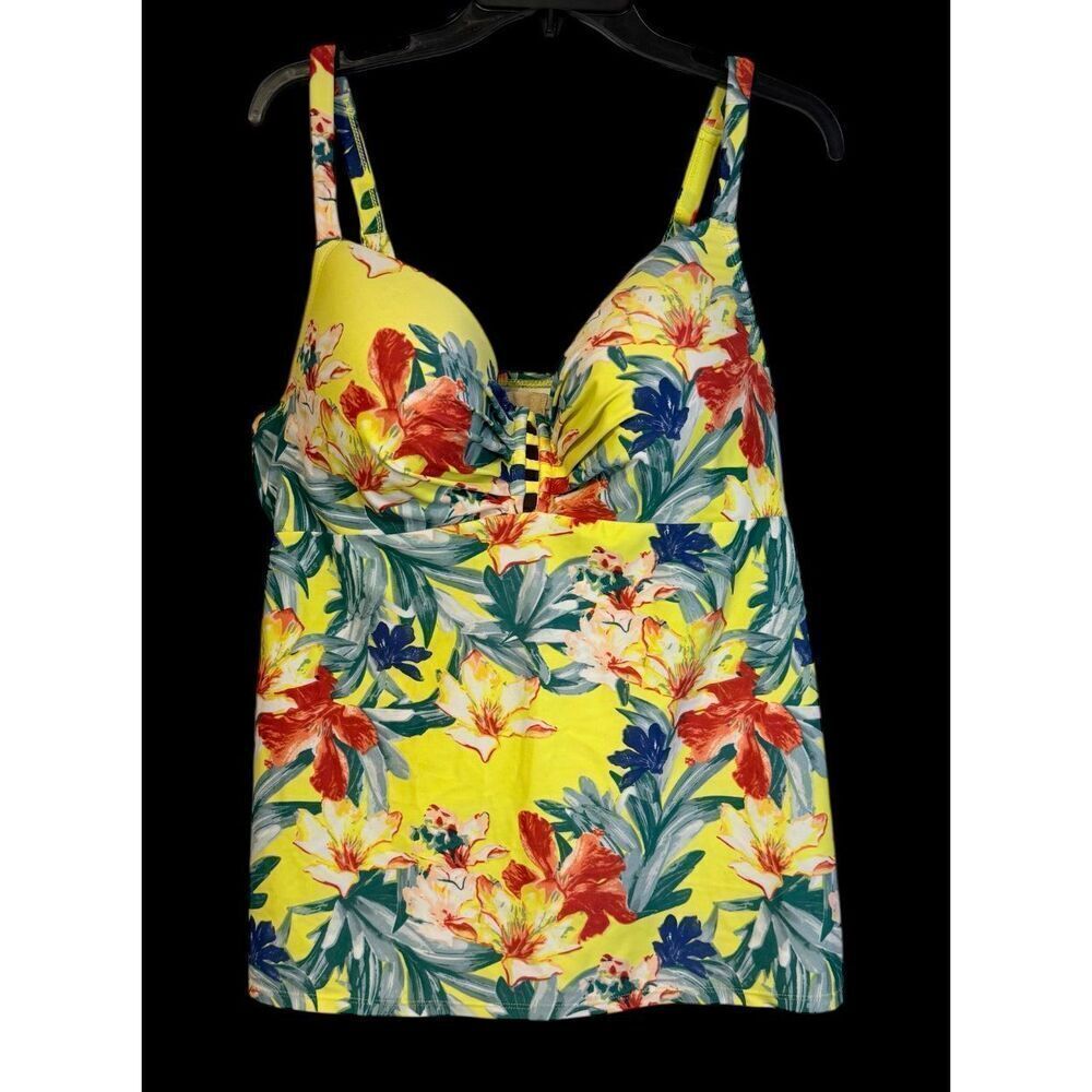 Cacique Women Tankini Swim Top In Yellow Floral Print Lattice Slit Plus Size 40C - Picture 2 of 15